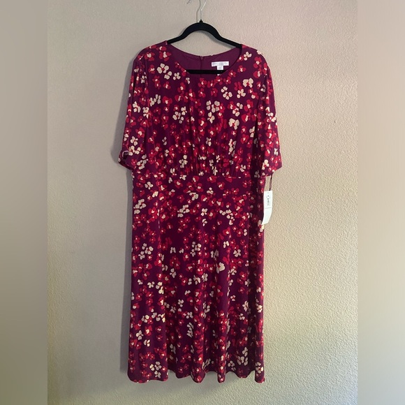 NWT London Times Women's Floral Printed Jersey A-line Midi Berry/Coral Sz 20W - Picture 4 of 7